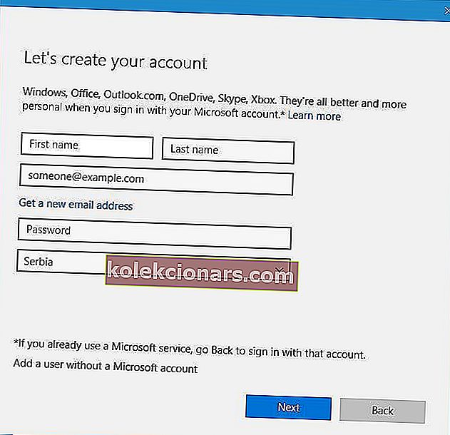 přidat uživatele bez služby profilu uživatele účtu Microsoft se nezdařilo přihlášení