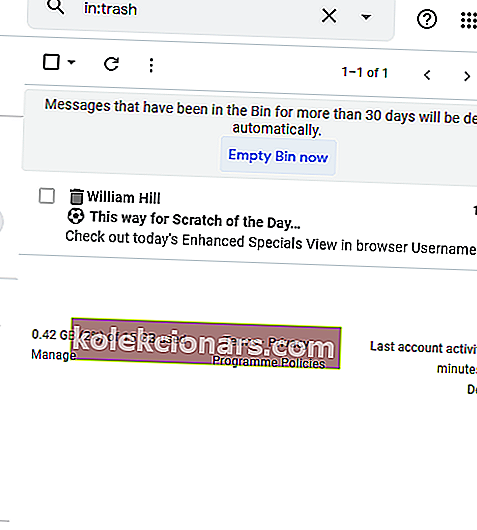 Opcija Empty Bin now Gmail konts nesaņem e-pastus