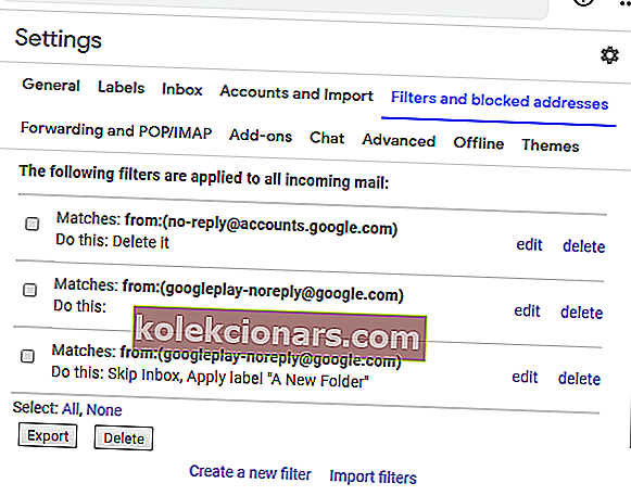 Suodattimet-välilehti gmail-tili ei vastaanota sähköposteja