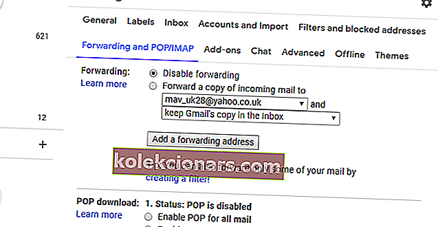 Účet Gmail na kartě Přeposílání nepřijímá e-maily