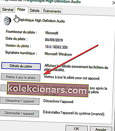 Konfigūracijos langas „Windows_Mettre à jour le pilote audio“