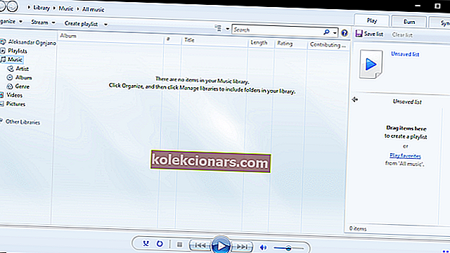 Software hudební knihovny Windows Media Player pro Windows 10