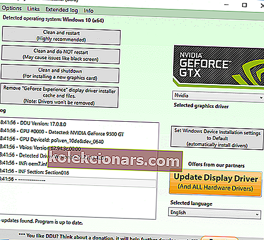 glavno okno programa za odstranitev gonilnika zaslona NVIDIA GeForce Experience koda napake 0x0001