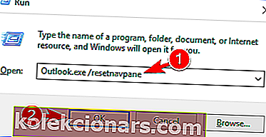 outlook.exe / resetnavpane run-vinduet Mappesettet kan ikke åpnes