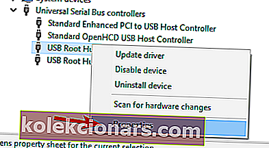 USB ne deluje, ko je priključen na lastnosti USB-koreninskega zvezdišča